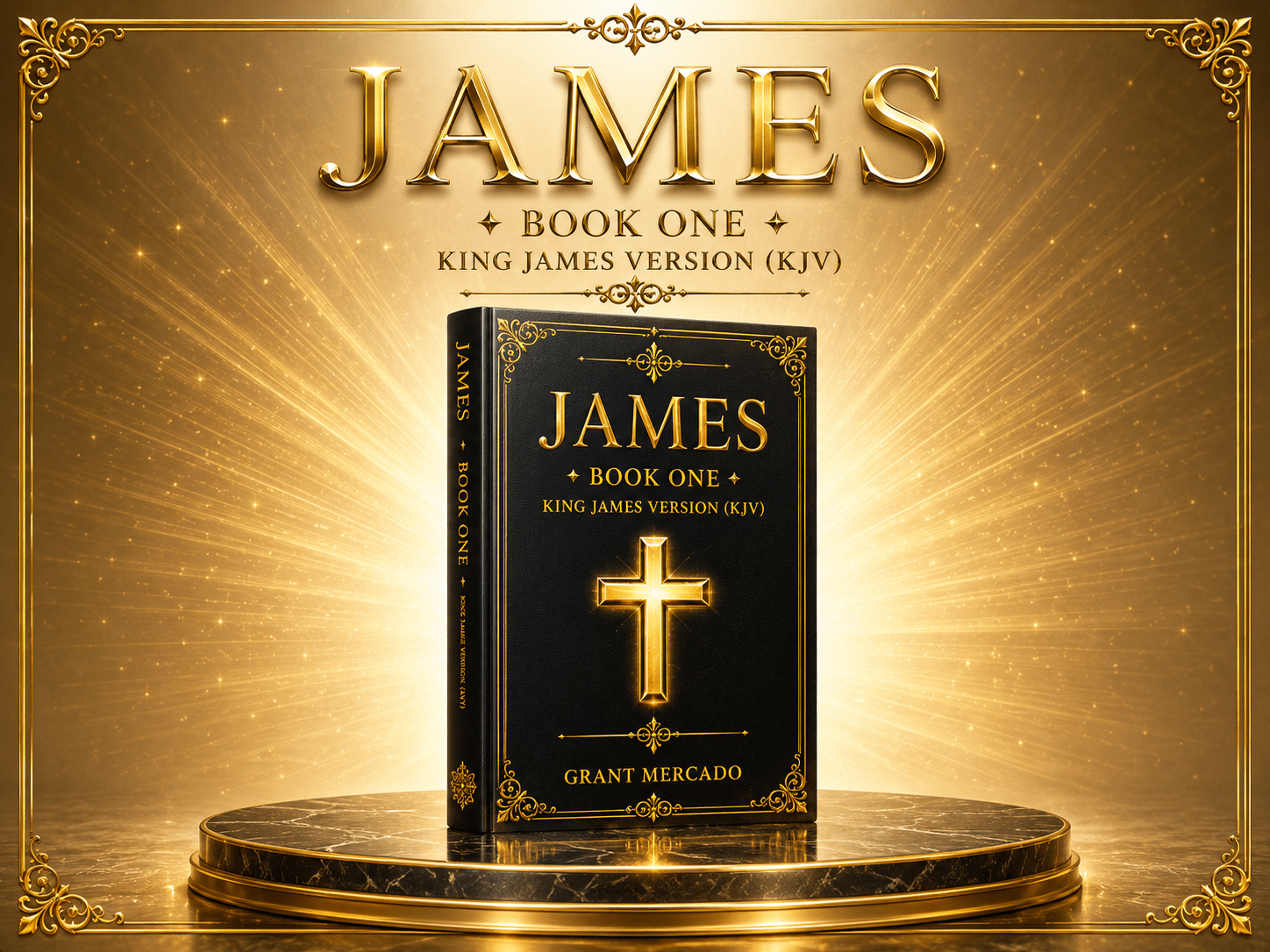 A black and gold book labelled James: Book One, King James Version (KJV) rests on a gold pedestal.