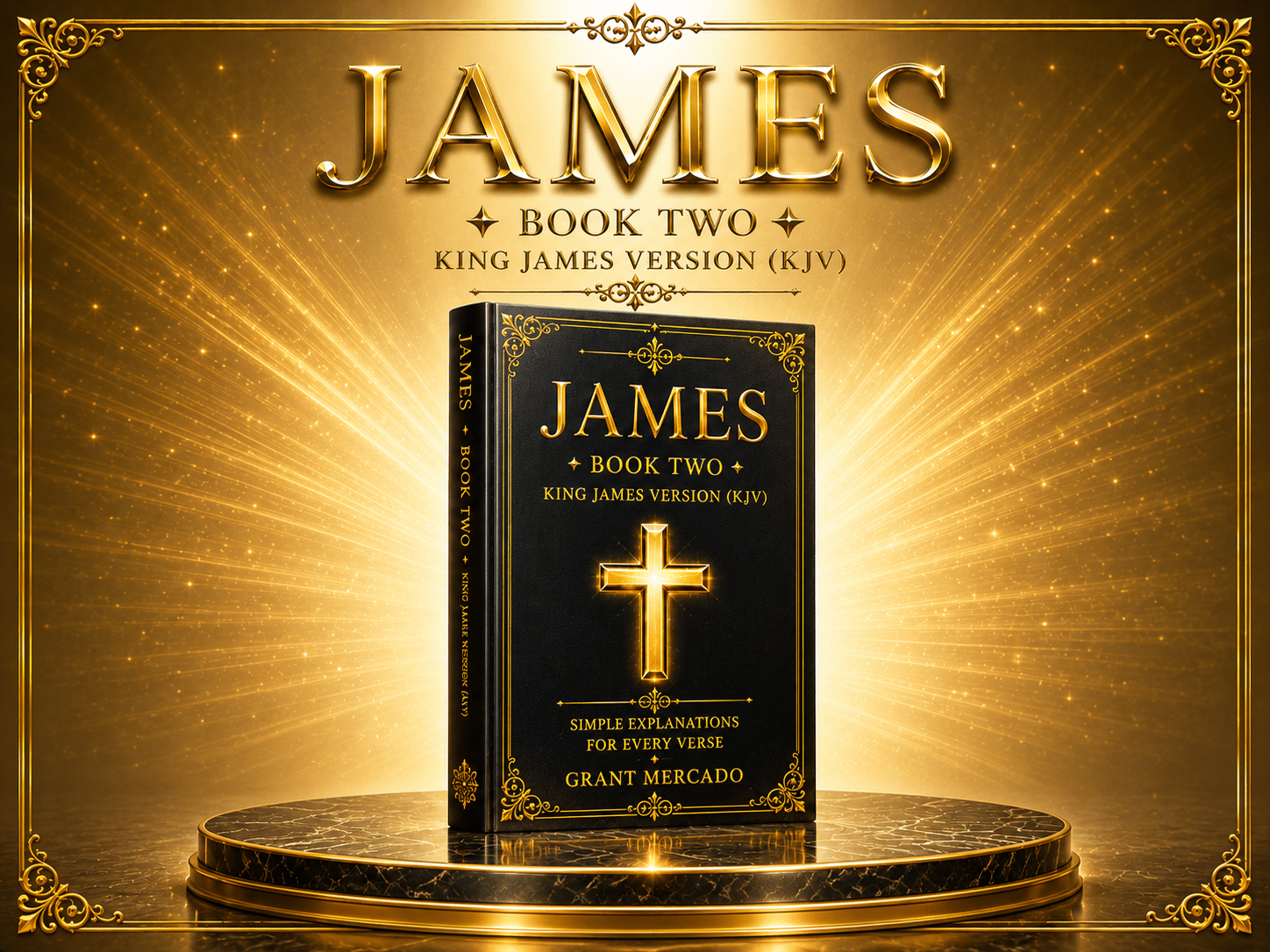 A gold-trimmed book labelled James Book Two with a cross on the cover stands upright on a golden platform.