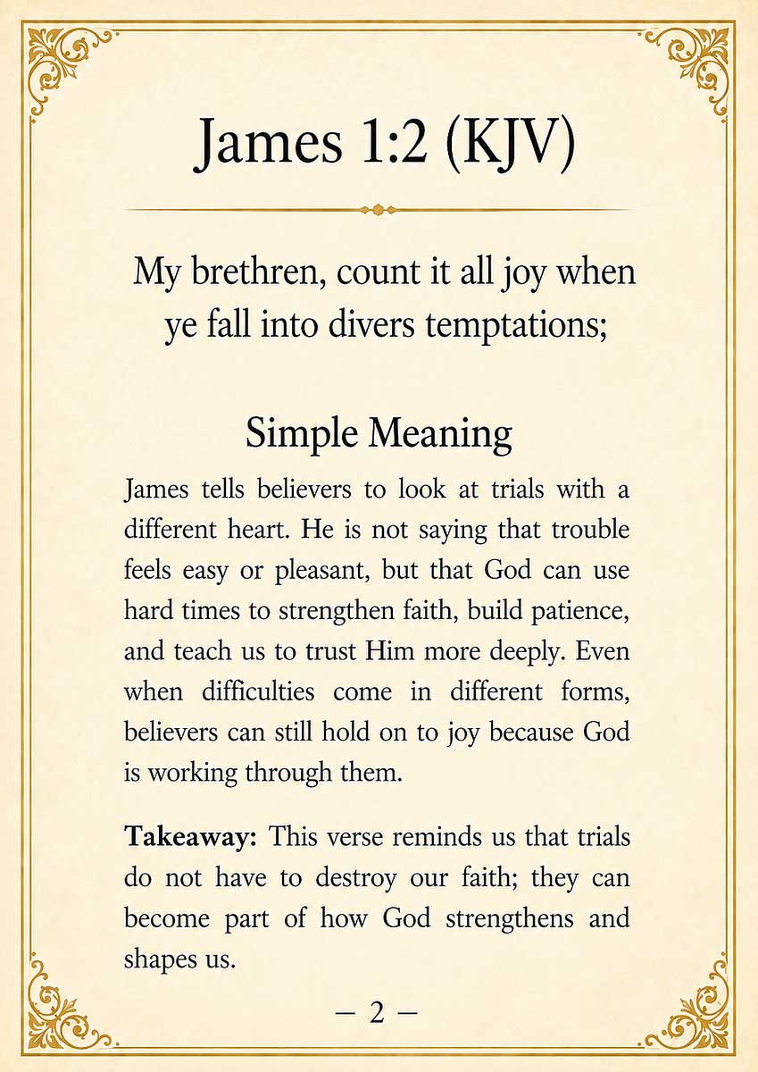 Bible verse James 1:2 is displayed with an explanation and a takeaway emphasising the importance of facing trials with faith and joy.