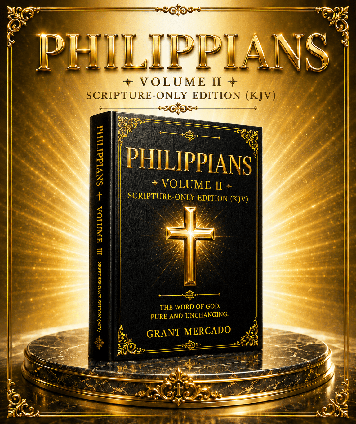 A Philippians Volume II book with gold edging and a glowing cross on the cover stands on a marble plinth.