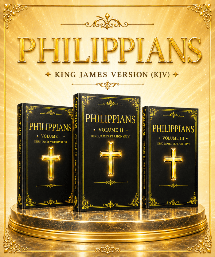 Three black and gold books titled Philippians are displayed upright on a golden platform featuring a glowing cross design.